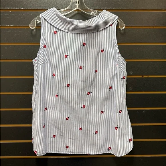Talbots Ladybug Embroidered Striped Sleeveless Blouse Peter Pan Collar Medium - Picture 1 of 4
